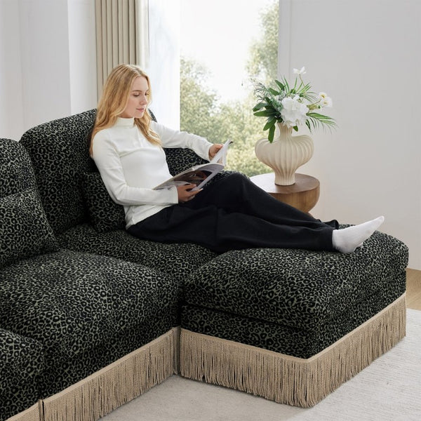 English Elm Oversized Leopard Chenille Modular Sectional Sofa 8 Seat V Shape with Tassel Trim W5656S00200