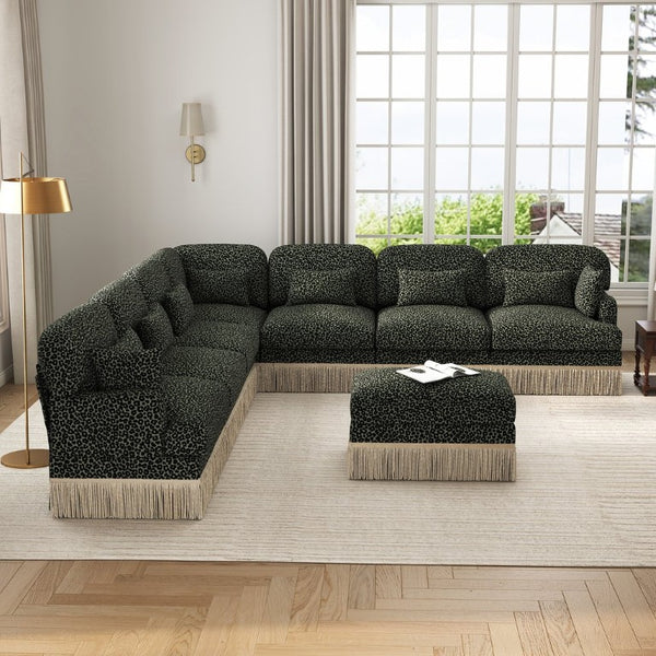 English Elm Oversized Leopard Chenille Modular Sectional Sofa 8 Seat V Shape with Tassel Trim W5656S00200