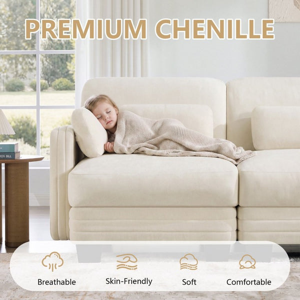 English Elm Channel Tufted Chenille Modular Loveseat with Movable Ottomans for Living Spaces W5656S00203