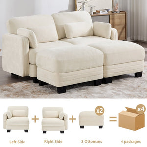English Elm Channel Tufted Chenille Modular Loveseat with Movable Ottomans for Living Spaces W5656S00203