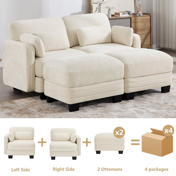 English Elm Channel Tufted Chenille Modular Loveseat with Movable Ottomans for Living Spaces W5656S00203