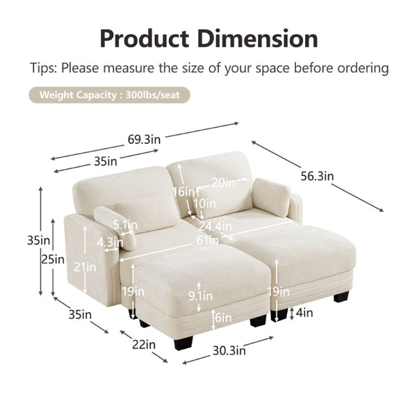 English Elm Channel Tufted Chenille Modular Loveseat with Movable Ottomans for Living Spaces W5656S00203