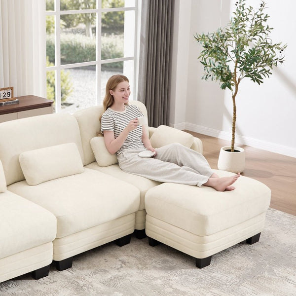 English Elm Channel Tufted Chenille Modular L-Shaped Sectional with Movable Ottoman for Living Rooms W5656S00205