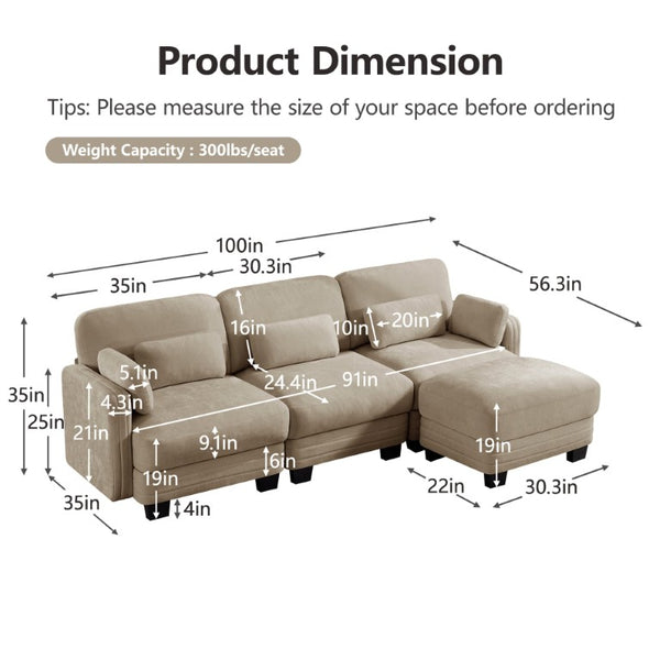 English Elm Channel Tufted Chenille Modular Sectional Sofa with Movable Ottoman for Living Rooms W5656S00214