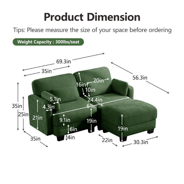 English Elm Channel Tufted Sage Chenille Modular Loveseat with Movable Ottoman for Modern Living W5656S00220