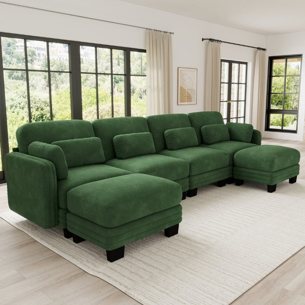 English Elm Channel Tufted Modular U-Shape Sectional with Ottomans in Sage Chenille Fabric W5656S00227