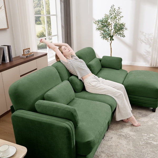 English Elm Channel Tufted Modular U-Shape Sectional with Ottomans in Sage Chenille Fabric W5656S00227