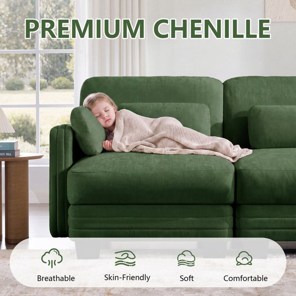 English Elm Channel Tufted Modular U-Shape Sectional with Ottomans in Sage Chenille Fabric W5656S00227