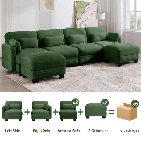 English Elm Channel Tufted Modular U-Shape Sectional with Ottomans in Sage Chenille Fabric W5656S00227