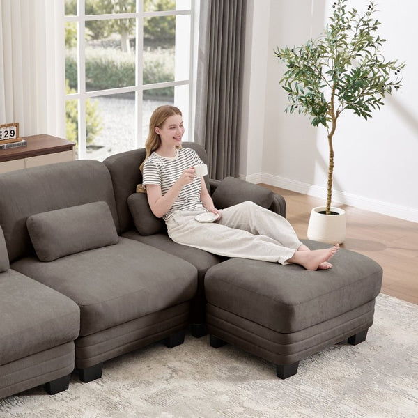 English Elm Channel Tufted Chenille Modular Sectional Sofa with Movable Ottomans for Living Room W5656S00233