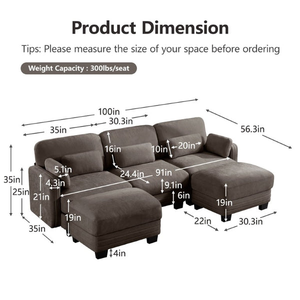 English Elm Channel Tufted Chenille Modular Sectional Sofa with Movable Ottomans for Living Room W5656S00233