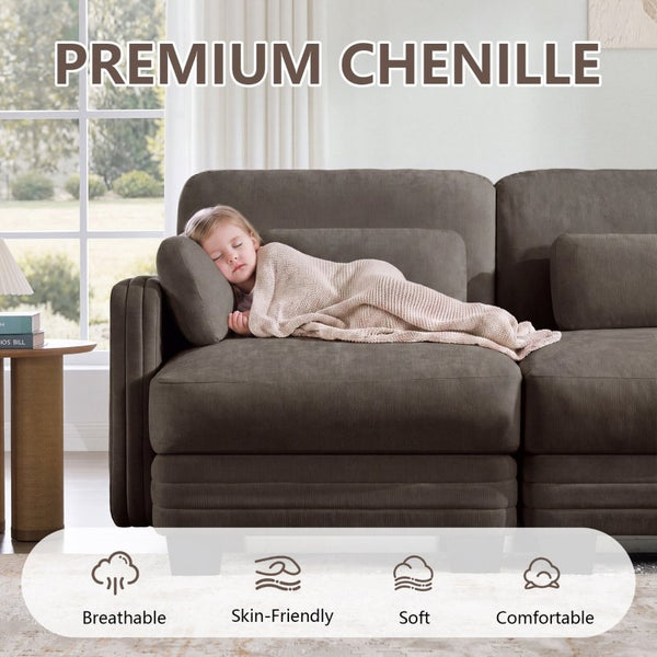 English Elm Channel Tufted U-Shape Modular Sectional Sofa in Chenille with Movable Ottomans Brown 130 x 56.3 x 35 inches W5656S00236