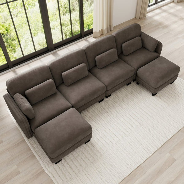 English Elm Channel Tufted U-Shape Modular Sectional Sofa in Chenille with Movable Ottomans Brown 130 x 56.3 x 35 inches W5656S00236