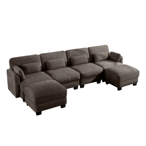 English Elm Channel Tufted U-Shape Modular Sectional Sofa in Chenille with Movable Ottomans Brown 130 x 56.3 x 35 inches W5656S00236