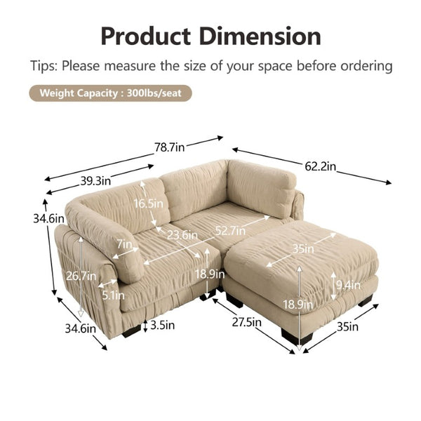 English Elm 2 Seat Chenille Modular Sectional with Ottoman Ruched Texture L Shape Living Room Sofa W5656S00241