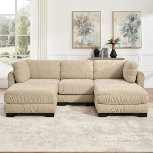 English Elm 3 Seat Chenille Modular Sectional with Movable Ottomans and Ruched Cushion Detail Camel 3 Seat with 2 Ottomans W5656S00245
