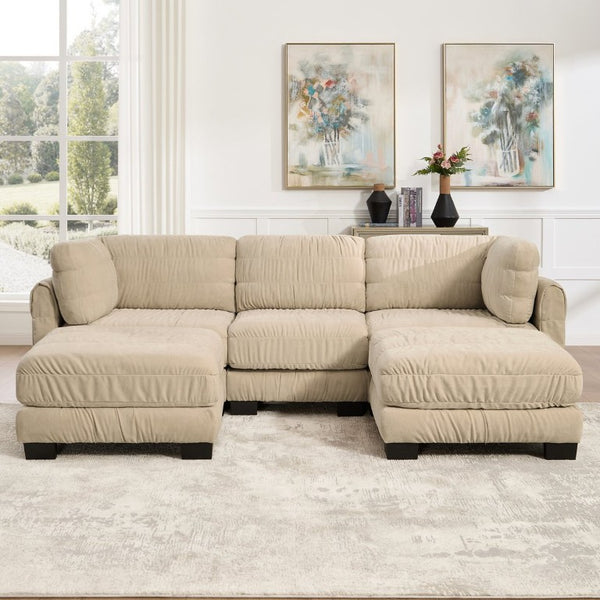 English Elm 3 Seat Chenille Modular Sectional with Movable Ottomans and Ruched Cushion Detail Camel 3 Seat with 2 Ottomans W5656S00245