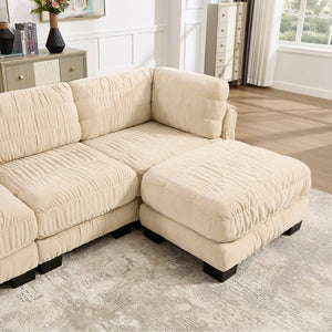 English Elm 3 Seat Chenille Modular Sectional with Movable Ottomans and Ruched Cushion Detail Camel 3 Seat with 2 Ottomans W5656S00245