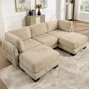 English Elm 3 Seat Chenille Modular Sectional with Movable Ottomans and Ruched Cushion Detail Camel 3 Seat with 2 Ottomans W5656S00245