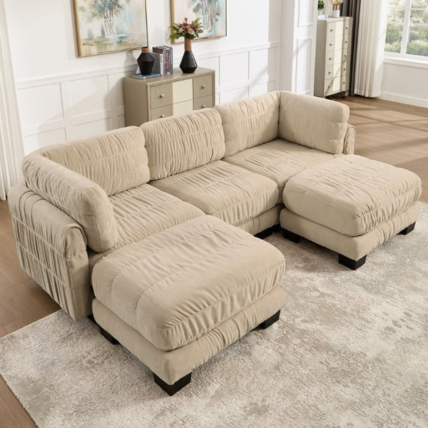 English Elm 3 Seat Chenille Modular Sectional with Movable Ottomans and Ruched Cushion Detail Camel 3 Seat with 2 Ottomans W5656S00245