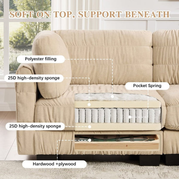 English Elm 3 Seat Chenille Modular Sectional with Movable Ottomans and Ruched Cushion Detail Camel 3 Seat with 2 Ottomans W5656S00245