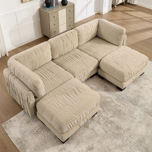 English Elm 3 Seat Chenille Modular Sectional with Movable Ottomans and Ruched Cushion Detail Camel 3 Seat with 2 Ottomans W5656S00245