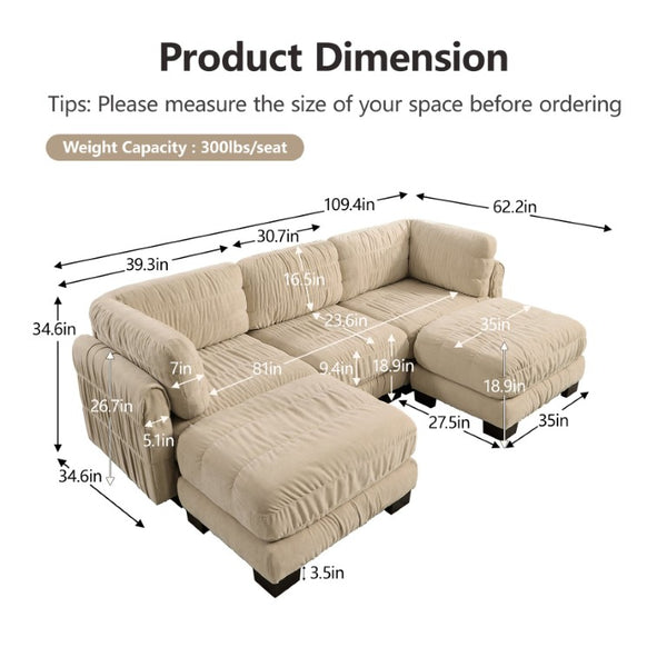 English Elm 3 Seat Chenille Modular Sectional with Movable Ottomans and Ruched Cushion Detail Camel 3 Seat with 2 Ottomans W5656S00245