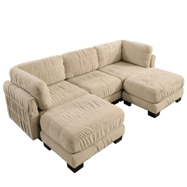 English Elm 3 Seat Chenille Modular Sectional with Movable Ottomans and Ruched Cushion Detail Camel 3 Seat with 2 Ottomans W5656S00245