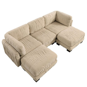 English Elm 3 Seat Chenille Modular Sectional with Movable Ottomans and Ruched Cushion Detail Camel 3 Seat with 2 Ottomans W5656S00245