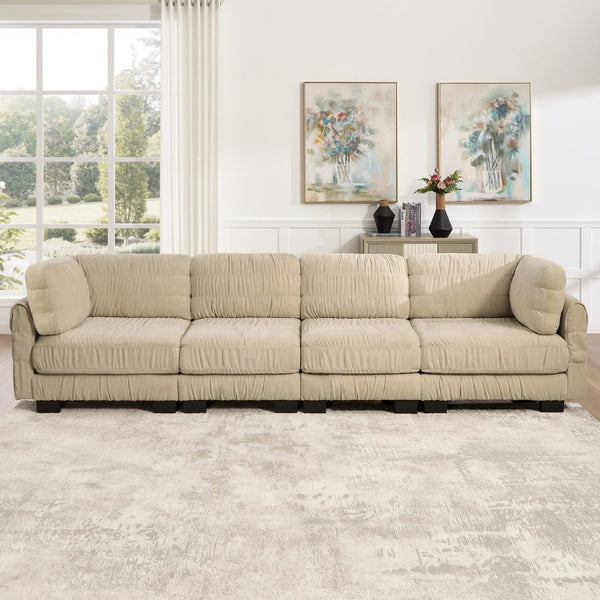 English Elm 3 Seat Chenille Modular Sectional with Movable Ottomans and Ruched Cushion Detail Camel 4 Seat W5656S00246