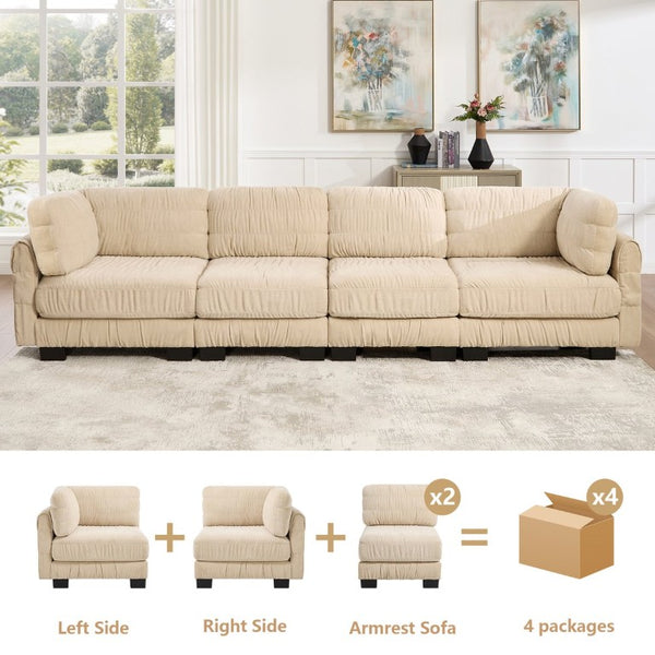 English Elm 3 Seat Chenille Modular Sectional with Movable Ottomans and Ruched Cushion Detail Camel 4 Seat W5656S00246