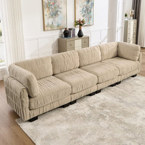 English Elm 3 Seat Chenille Modular Sectional with Movable Ottomans and Ruched Cushion Detail Camel 4 Seat W5656S00246
