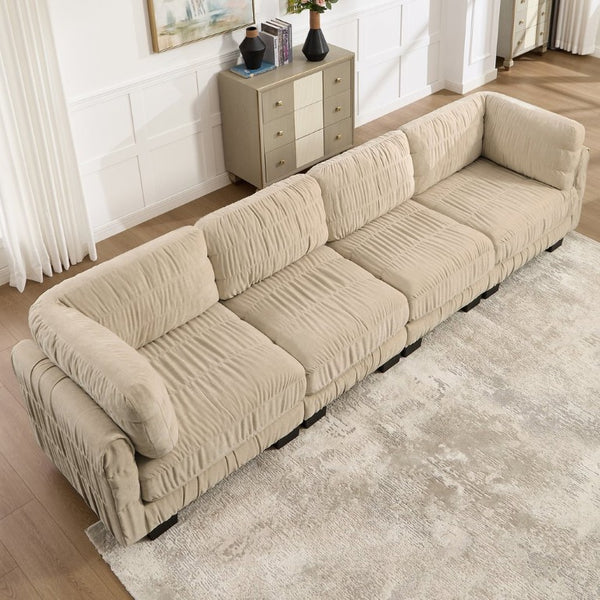 English Elm 3 Seat Chenille Modular Sectional with Movable Ottomans and Ruched Cushion Detail Camel 4 Seat W5656S00246
