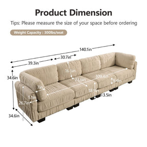 English Elm 3 Seat Chenille Modular Sectional with Movable Ottomans and Ruched Cushion Detail Camel 4 Seat W5656S00246