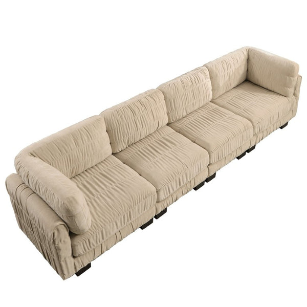 English Elm 3 Seat Chenille Modular Sectional with Movable Ottomans and Ruched Cushion Detail Camel 4 Seat W5656S00246