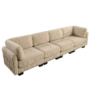 English Elm 3 Seat Chenille Modular Sectional with Movable Ottomans and Ruched Cushion Detail Camel 4 Seat W5656S00246