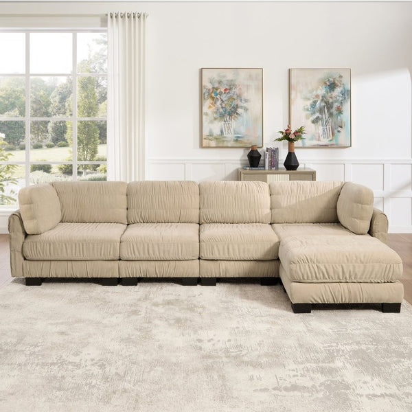 English Elm 3 Seat Chenille Modular Sectional with Movable Ottomans and Ruched Cushion Detail Camel 4 Seat with Ottoman W5656S00247
