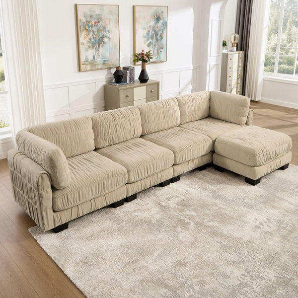 English Elm 3 Seat Chenille Modular Sectional with Movable Ottomans and Ruched Cushion Detail Camel 4 Seat with Ottoman W5656S00247