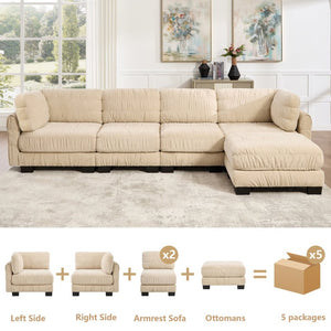 English Elm 3 Seat Chenille Modular Sectional with Movable Ottomans and Ruched Cushion Detail Camel 4 Seat with Ottoman W5656S00247
