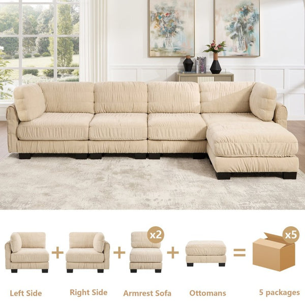English Elm 3 Seat Chenille Modular Sectional with Movable Ottomans and Ruched Cushion Detail Camel 4 Seat with Ottoman W5656S00247