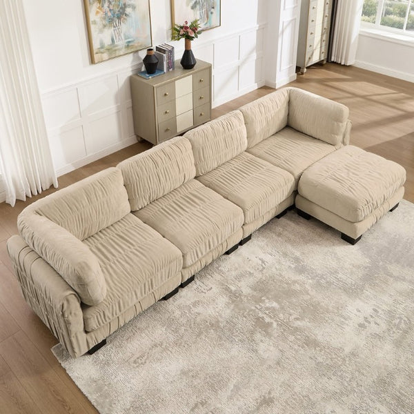 English Elm 3 Seat Chenille Modular Sectional with Movable Ottomans and Ruched Cushion Detail Camel 4 Seat with Ottoman W5656S00247