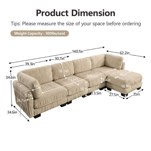 English Elm 3 Seat Chenille Modular Sectional with Movable Ottomans and Ruched Cushion Detail Camel 4 Seat with Ottoman W5656S00247