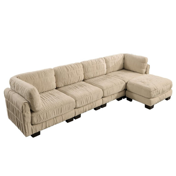 English Elm 3 Seat Chenille Modular Sectional with Movable Ottomans and Ruched Cushion Detail Camel 4 Seat with Ottoman W5656S00247