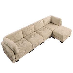 English Elm 3 Seat Chenille Modular Sectional with Movable Ottomans and Ruched Cushion Detail Camel 4 Seat with Ottoman W5656S00247