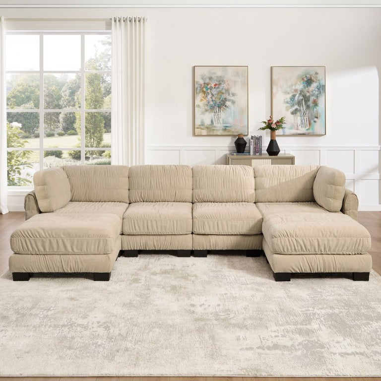 English Elm 4 Seat Ruched Chenille Modular Sectional with Dual Ottomans for Stylish Living Spaces W5656S00248