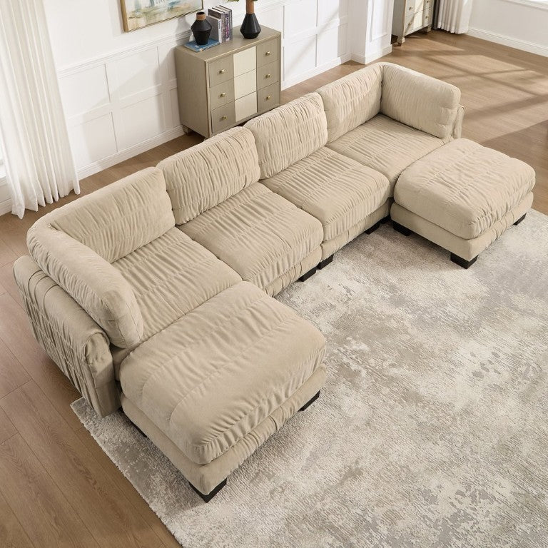 English Elm 4 Seat Ruched Chenille Modular Sectional with Dual Ottomans for Stylish Living Spaces W5656S00248