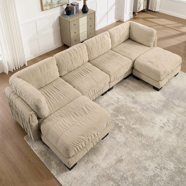 English Elm 4 Seat Ruched Chenille Modular Sectional with Dual Ottomans for Stylish Living Spaces W5656S00248