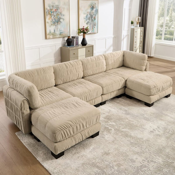 English Elm 4 Seat Ruched Chenille Modular Sectional with Dual Ottomans for Stylish Living Spaces W5656S00248