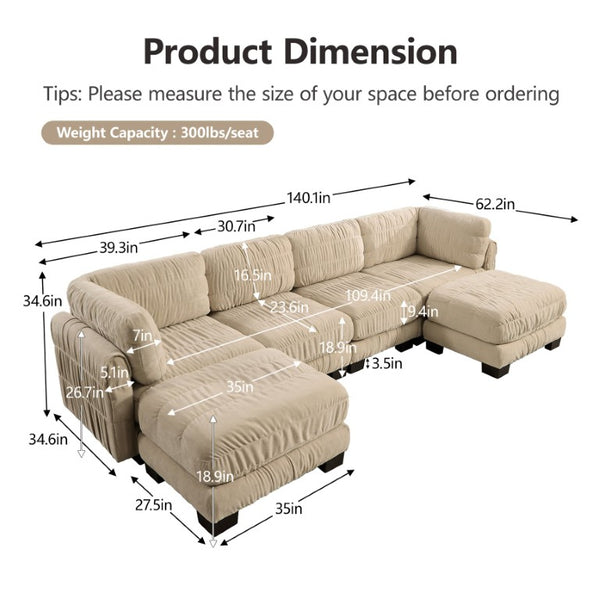 English Elm 4 Seat Ruched Chenille Modular Sectional with Dual Ottomans for Stylish Living Spaces W5656S00248