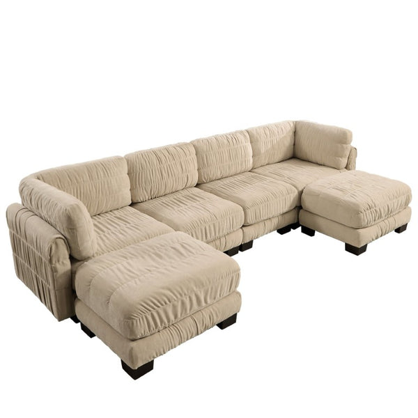 English Elm 4 Seat Ruched Chenille Modular Sectional with Dual Ottomans for Stylish Living Spaces W5656S00248